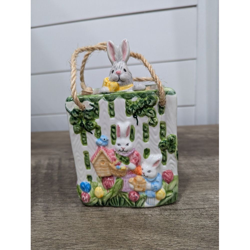 Ceramic Bag‎ Bunny On A Fence With Burlap Handles-Easter Decor